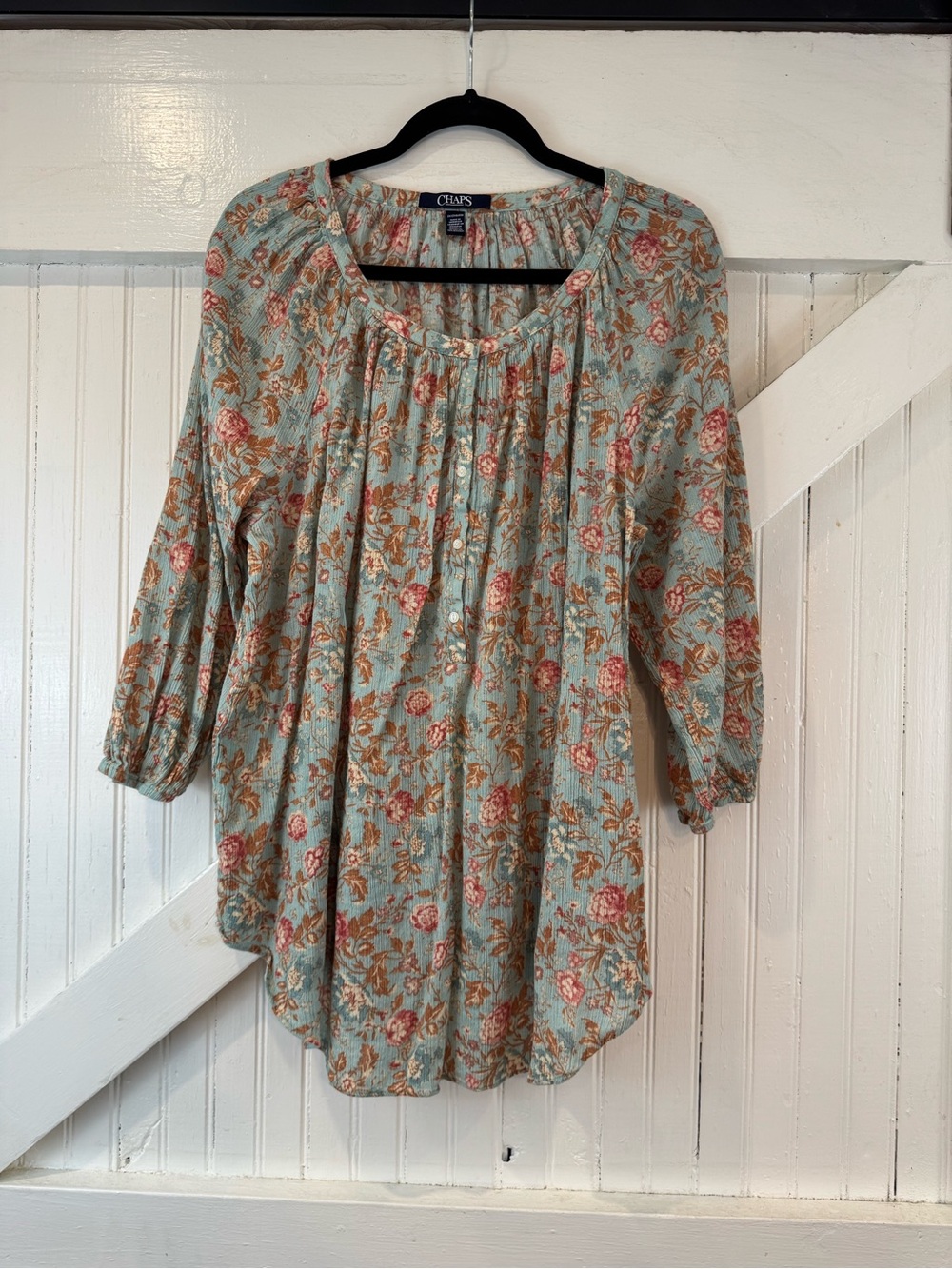 CHAPS Floral Boho Peasant Tunic Blouse Size 2X Blue Pink Cotton Viscose - Picture 2 of 11